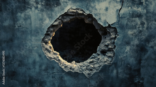 dark, ominous hole in weathered wall reveals mysterious void beyond, evoking feelings of curiosity and unease. rough texture and cracks enhance eerie atmosphere