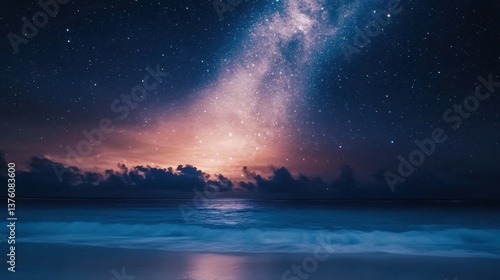 Stunning celestial seascape with Milky Way galaxy reflected on calm ocean at twilight, featuring vibrant gradient from deep blue to golden hues.