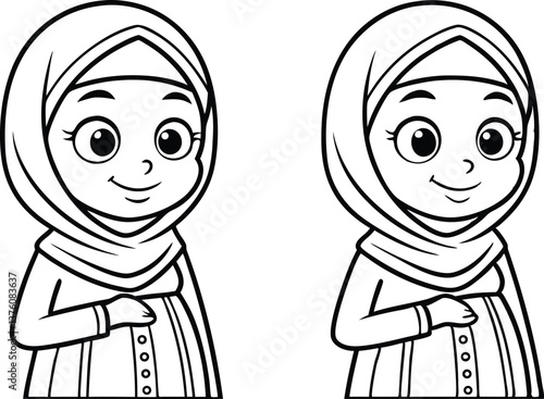 Line art cartoon of muslim girl in hijab with a transparent background illustration