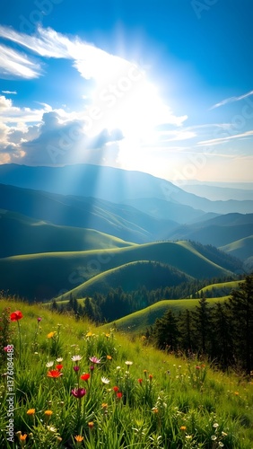 Serene Rolling Hills with Wildflowers Under Sunny Sky
