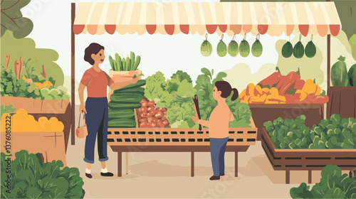 Woman and girl shopping for fresh produce at a farmers market.