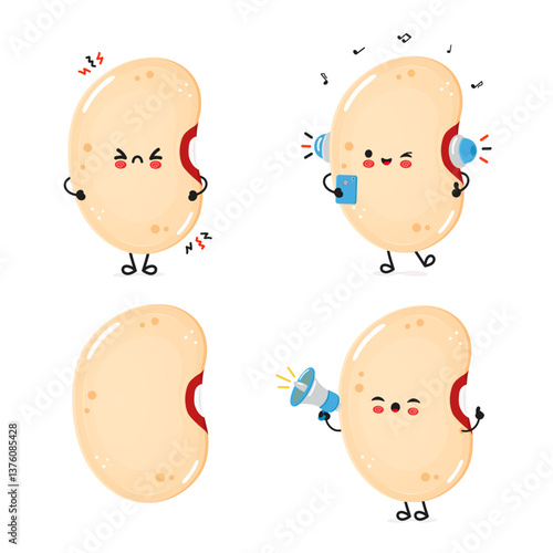 Cheerful cartoon soybeans expressing various emotions, including anger, joy, and listening to music, on white.