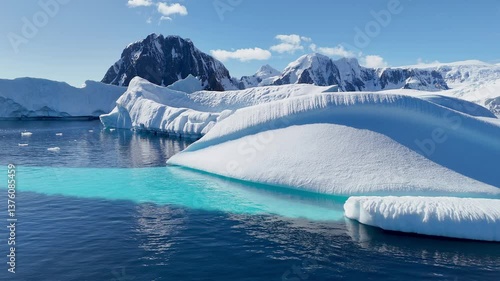 Iceberg scenery landscape scenery Arctic Antarctica beautiful nature winter tourism travel clear blue ice ocean sea water, Glacier melting ice ecology expedition concept. Greenland. Aerial drone view 