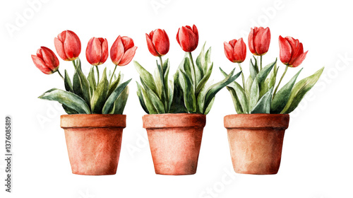 Fototapeta Naklejka Na Ścianę i Meble -  Red tulip flowers in pots arrangement, cut out transparent