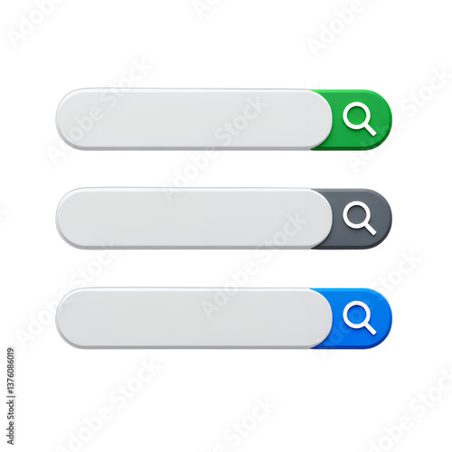 Search Bar Set: Green, Gray, Blue, 3D, Transparent Background. Find, Explore.