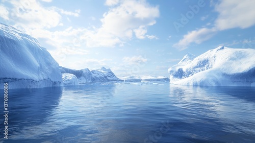 Majestic polar landscape with towering icebergs and glaciers reflected on crystal-clear blue water under clear sky.
