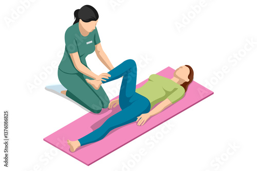 Isometric vector image of rehabilitation therapy therapist assisting a woman lying on mat performing leg stretching exercises for muscle recovery.