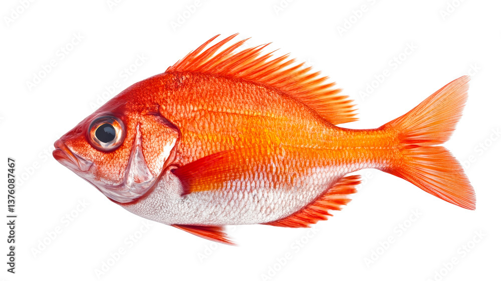 Fototapeta premium Red fish isolated on black background, realistic aquatic animal, cut out transparent