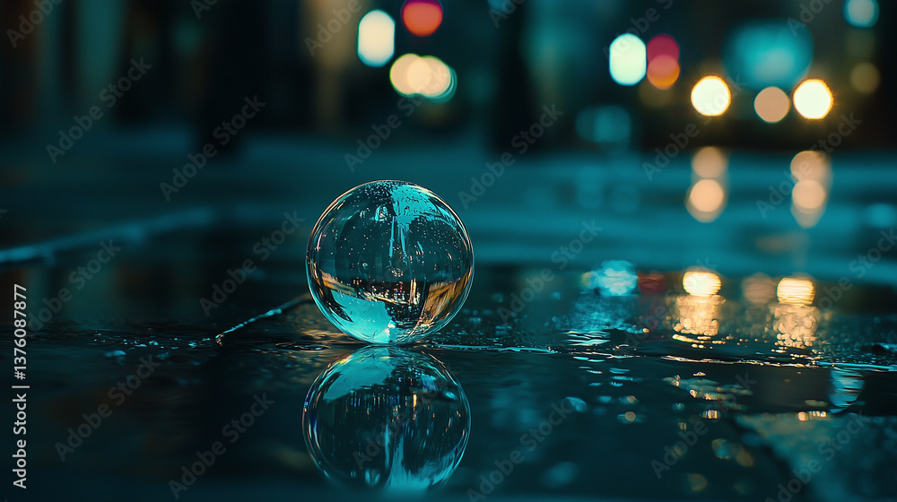 A shiny sphere resting on a wet surface, reflecting vibrant city lights. A shiny sphere resting on a wet surface, reflecting vibrant city lights.