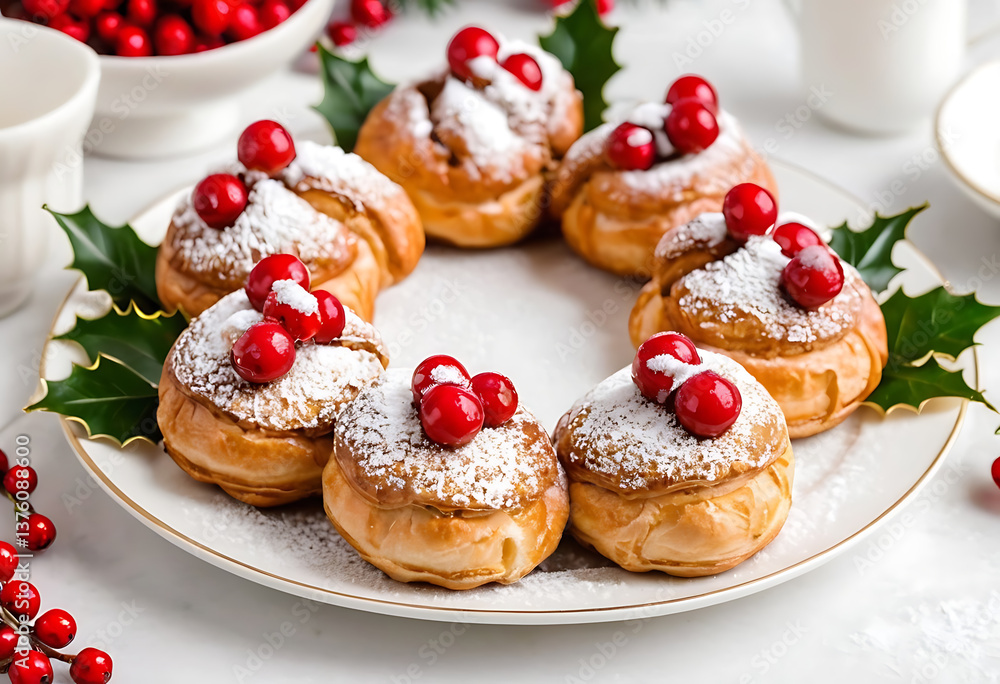 Festive french pastries with red berries and powdered sugar on white plate. Festive Profiterole Wreath Festive french pastries with red berries and powdered sugar on white plate. Festive Profiterole Wreath