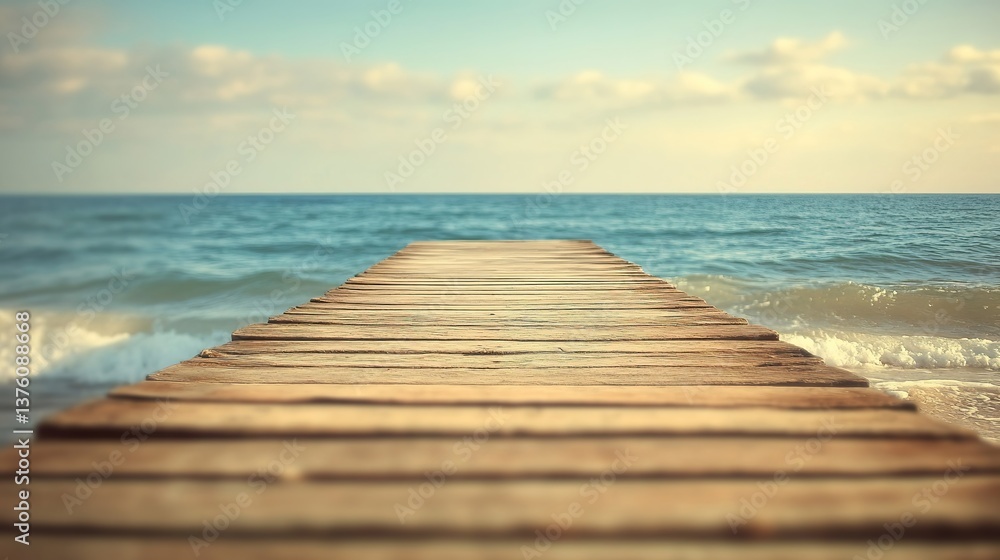 Fototapeta premium Wooden pier extending into calm waters, bathed in natural light, evoking tranquility and timeless serenity