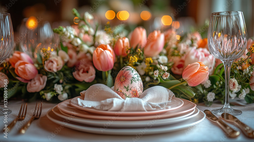 Naklejka premium Painted Easter egg with pink flowers on a napkin over plates, surrounded by tulips and roses. Suitable for Easter decor, content, and spring visuals