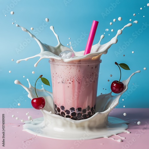A vibrant image of a pink and white bubble tea drink in a clear plastic cup, launched mid-air amidst a splash of milk.