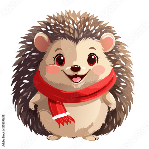 Cheerful hedgehog – a small, round hedgehog with a wide smile, pink cheeks, large shiny eyes, wearing a miniature red scarf that flutters in the wind.