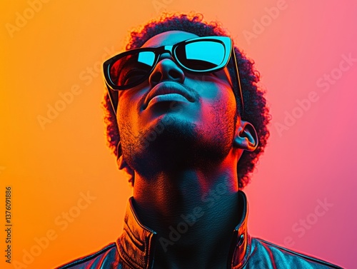 Stylish african american man with leather jacket under neon lights portrait