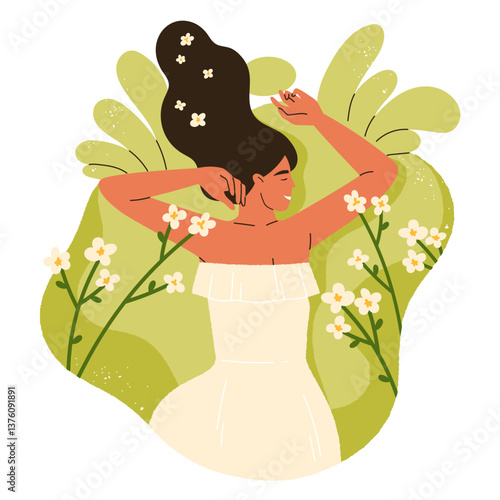 Woman lying on grass outdoors. Person relaxing or dreaming in nature. Harmony with nature vibe. Wellbeing mood concept. Cottagecore and whimsical countryside aesthetic. Isolated vector illustration

