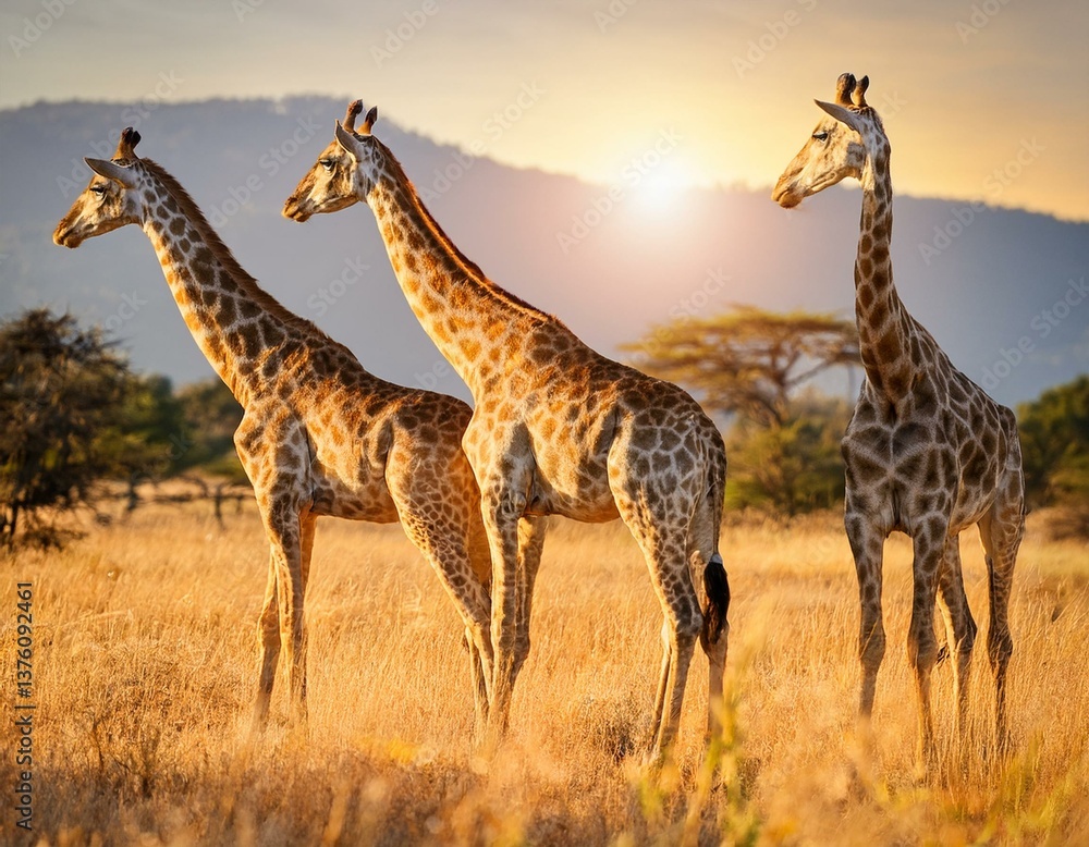 Obraz premium Group of giraffes in a National Park. Sunlight landscape. 