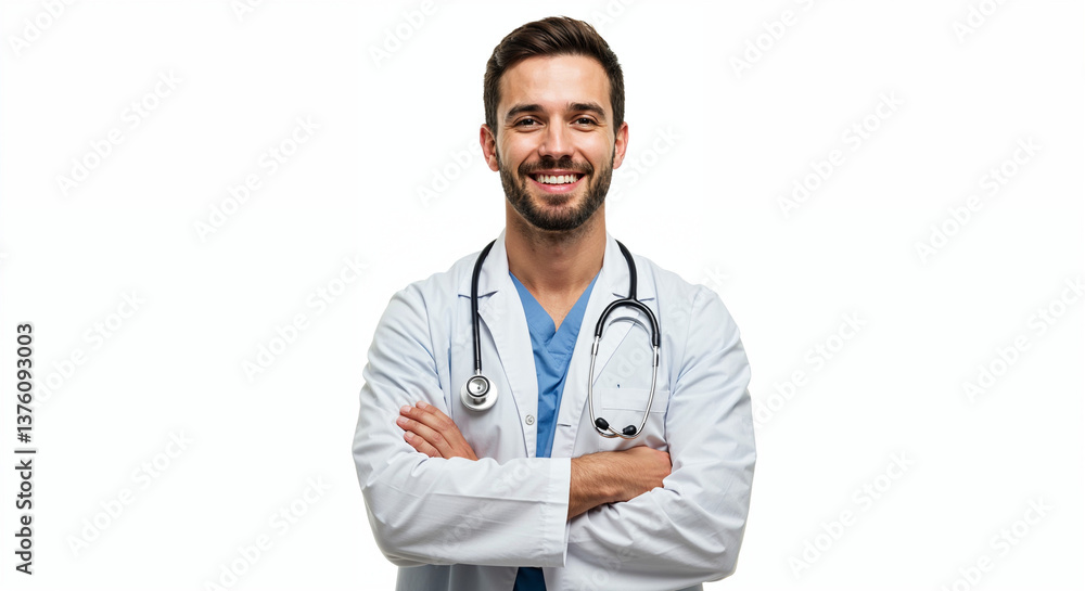 Smiling male doctor wearing lab coat and stethoscope, arms crossed, isolated on white background