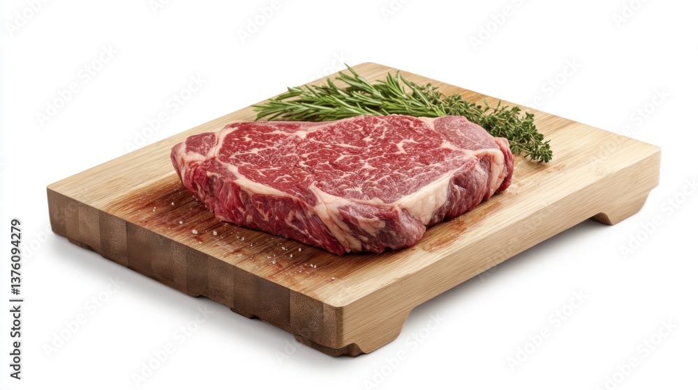 Raw Ribeye Steak on Wooden Cutting Board with Herbs Gourmet Meat Food Photography Raw Ribeye Steak on Wooden Cutting Board with Herbs Gourmet Meat Food Photography