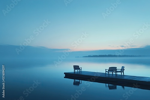 Tranquil morning mist over a serene lake with wooden dock and benches.  Peaceful, calm, and quiet atmosphere