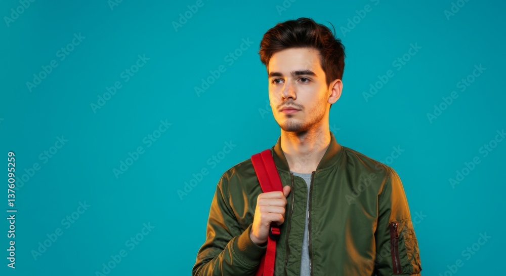 Obraz premium Young man with backpack on vibrant teal background in casual jacket