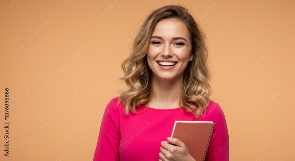Smiling woman in pink holding notebook on peach background for education or professional use Smiling woman in pink holding notebook on peach background for education or professional use