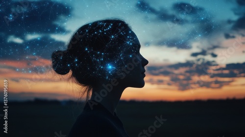 Silhouette of young woman, digital mind overlay
