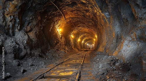 An illuminated mining tunnel with rail tracks leads into distance