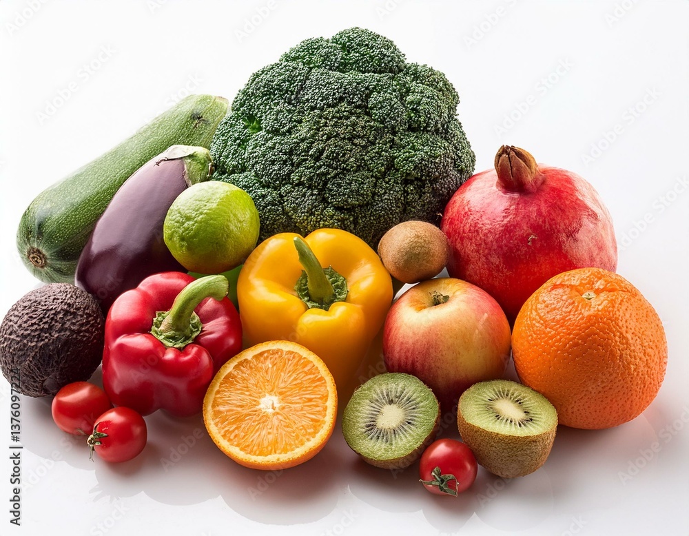 Healthy food isolated on white background. Different fruits and vegetables. Top view. Healthy food isolated on white background. Different fruits and vegetables. Top view.