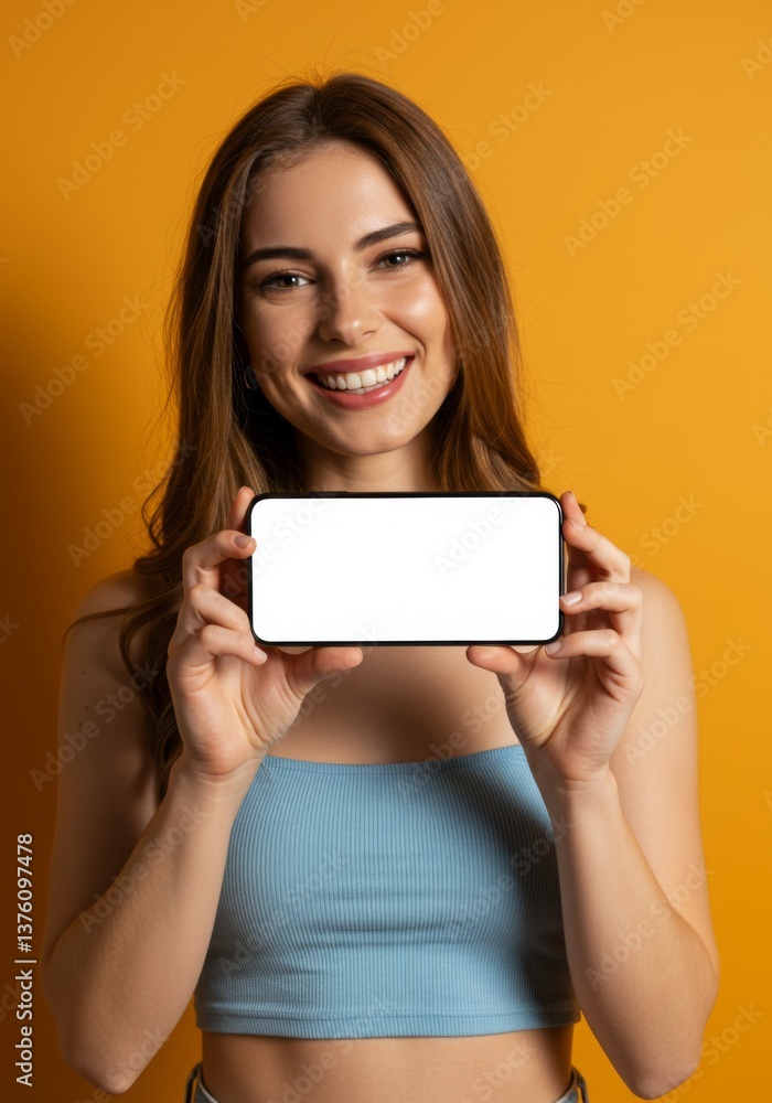 Smiling woman displaying smartphone against bright background for advertising or presentation Smiling woman displaying smartphone against bright background for advertising or presentation
