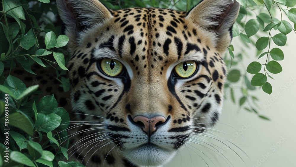 Obraz premium Wild Predator in Lush Greenery A Stunning CloseUp of a Spotted Feline with Intense Eyes and V.