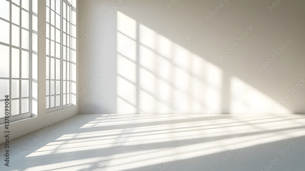 Fototapeta premium A clean, white room with sunlight streaming in through the window, casting shadows on an empty wall