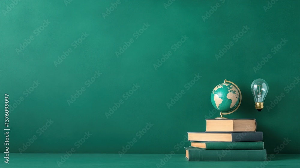 © yusufadi - Global Education Concept: Books, Globe, and Idea Bulb on Green Background