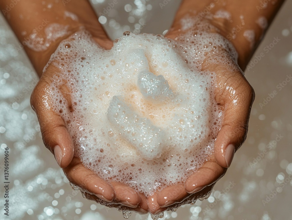 Fototapeta premium Hands cradling frothy lather with delicate water droplets, highlighting care