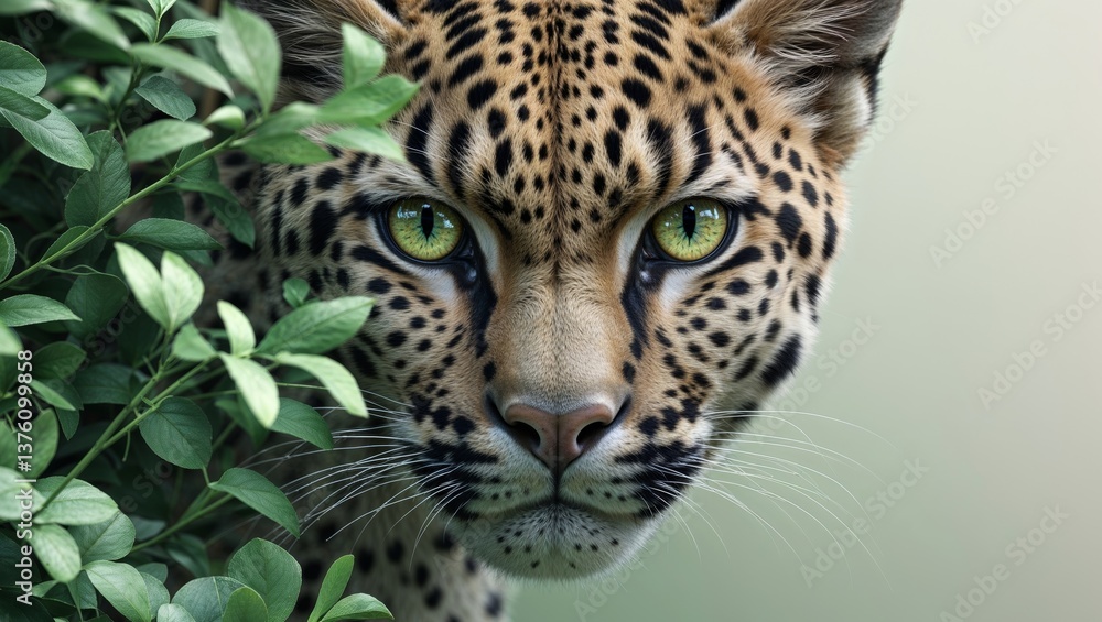 Obraz premium Wild Predator in Lush Greenery A Stunning CloseUp of a Spotted Feline with Intense Eyes and V