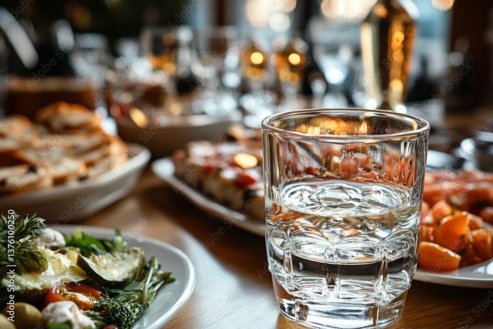 Glass of vodka placed on table with various plates of traditional russian food like salad, bread, and pickled fish Glass of vodka placed on table with various plates of traditional russian food like salad, bread, and pickled fish