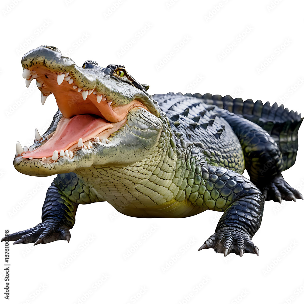 Obraz premium Crocodile on white background showing teeth and powerful jaws