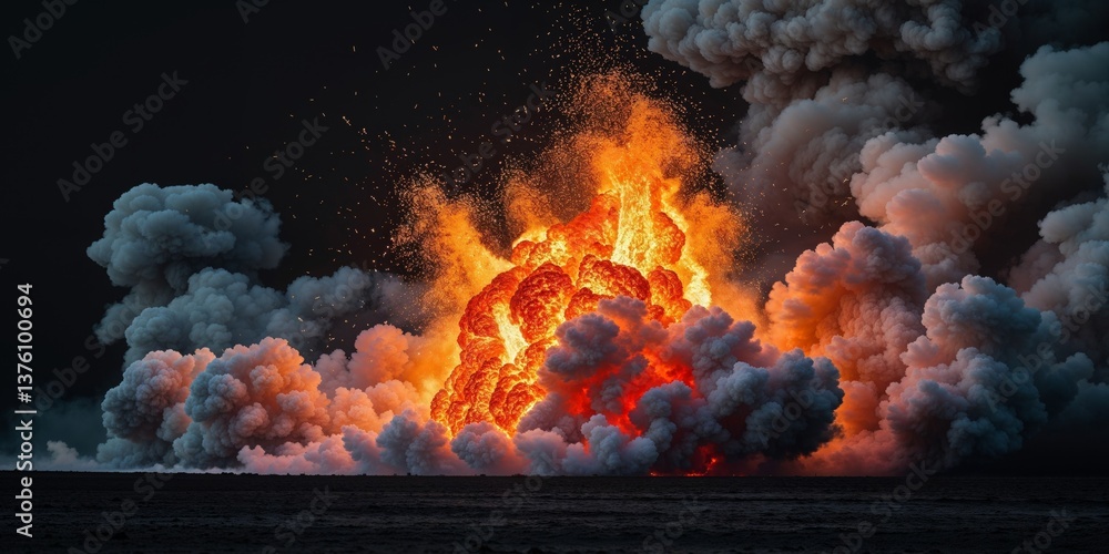 Explosive Fireball Eruption with Bright Orange Flames and Thick Smoke Billowing Out in a Dramatic Display of Power and Energy in a Dark Background Explosive Fireball Eruption with Bright Orange Flames and Thick Smoke Billowing Out in a Dramatic Display of Power and Energy in a Dark Background