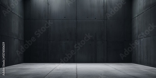Empty space of Studio dark room black concrete wall and spotlight with concrete floor