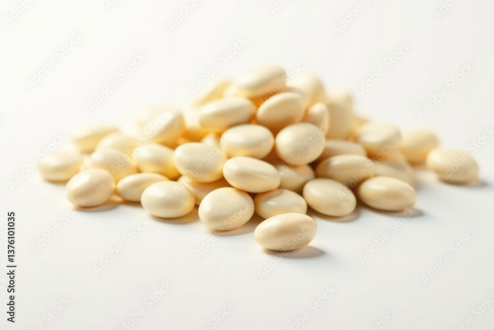 Close-up of a pile of white beans against a pure white backdrop, culinary, clean, diet Close-up of a pile of white beans against a pure white backdrop, culinary, clean, diet