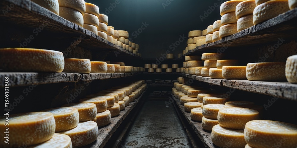 Fototapeta premium Rows of Aging Farmhouse Cheese on Wooden Shelves in Dark Storage
