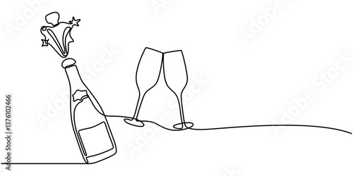 One continuous line of  hand-drawn glasses of wine cheering isolated on a white background, A simple, continuous line drawing of a wine bottle and glass. The image shows the silhouette of a vermouth.