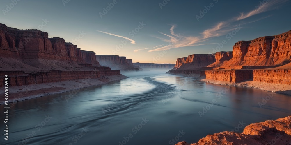 Fototapeta premium Majestic River Flowing Through Rugged Canyon Landscape at Dusk.