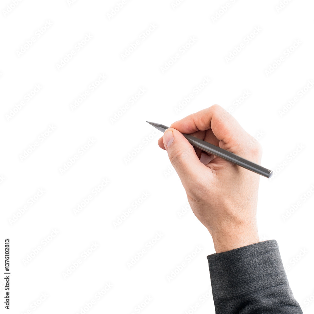 a hand holding a pen, poised to write, on a white background. The person is wearing a professional suit and has a steady hand, ready to start a hand holding a pen, poised to write, on a white background. The person is wearing a professional suit and has a steady hand, ready to start
