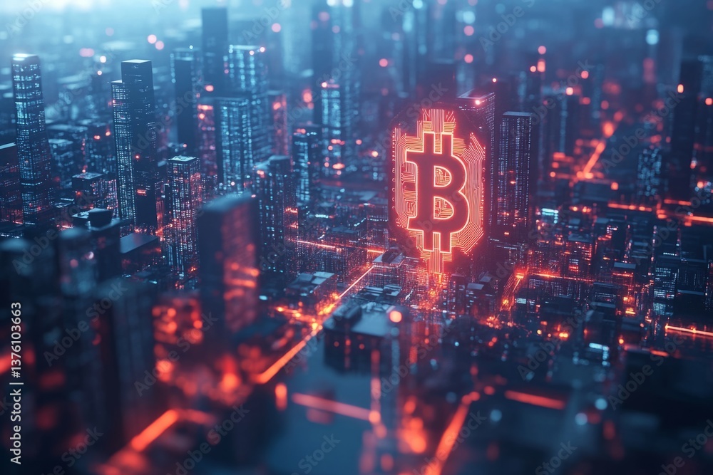 Fototapeta premium Bitcoin cryptocurrency symbol glowing above futuristic city at night, concept of digital finance and investment