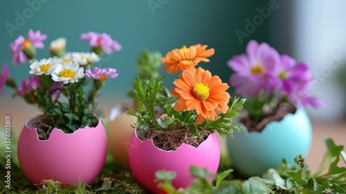 Wallpaper Mural Colorful Flower Arrangement in Decorative Easter Egg Planters Torontodigital.ca