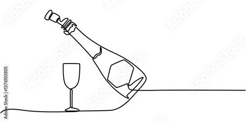 One continuous line of  hand-drawn glasses of wine cheering isolated on a white background, A simple, continuous line drawing of a wine bottle and glass. The image shows the silhouette of a vermouth.