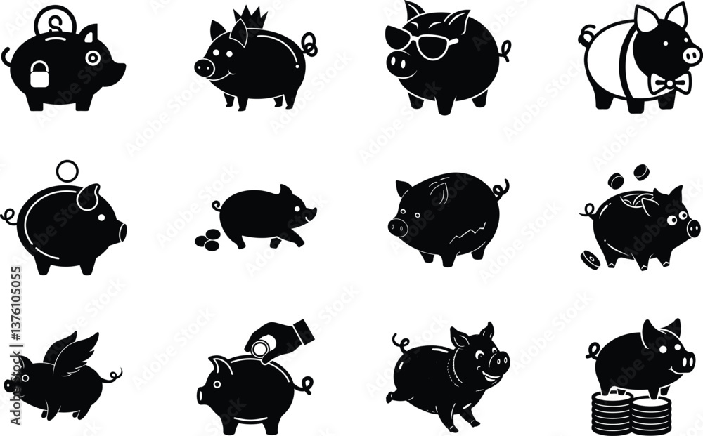 Obraz premium Piggy Bank Icons Savings, Finance, Money, Wealth, Budget, Economy, Investment, Currency, Assets, Gro