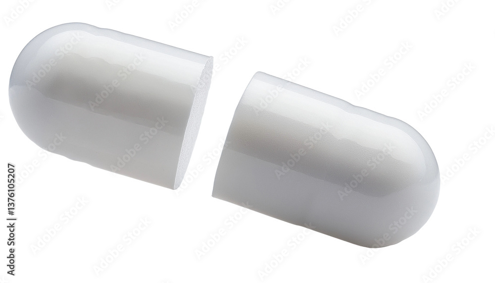 A close-up view of a split-open white capsule, highlighting its form and texture. This image could be used to represent health, medication, or medicine. A close-up view of a split-open white capsule, highlighting its form and texture. This image could be used to represent health, medication, or medicine.