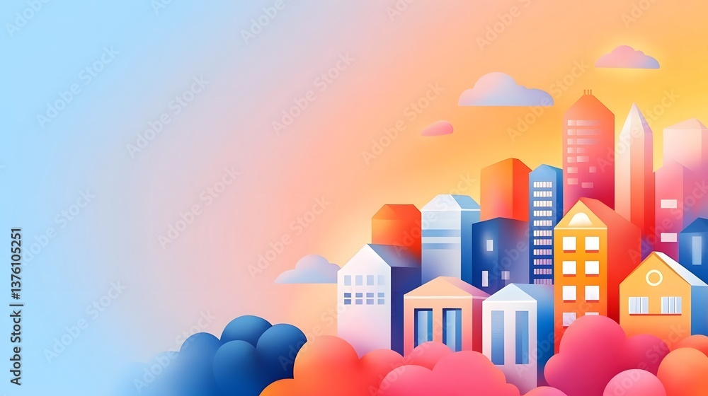 Fototapeta premium Stylized cityscape illustration urban environment digital art vibrant colors flat design modern concept